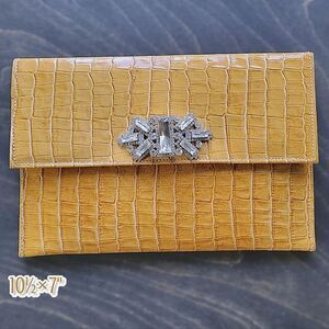 Vtg croc embossed leather yellow tan oversized rhinestone clutch bag